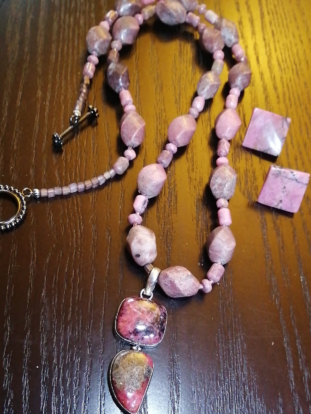 Rhodonite Beaded Necklace with Pendant+ Earrings, 146 G Weight, 28" Long